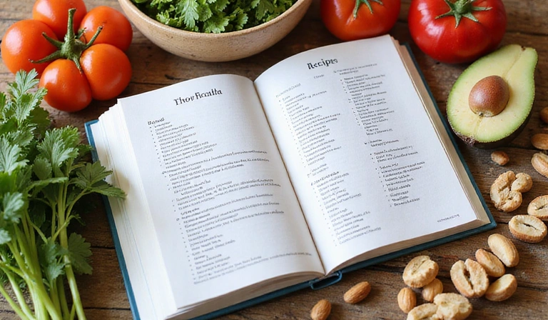 Otwarta książka z przepisami i świeżymi składnikami