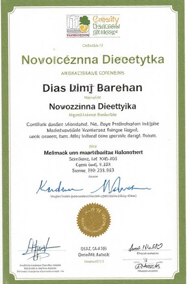 Certyfikat uczestnictwa w konferencji 'Nowoczesna Dietetyka'.