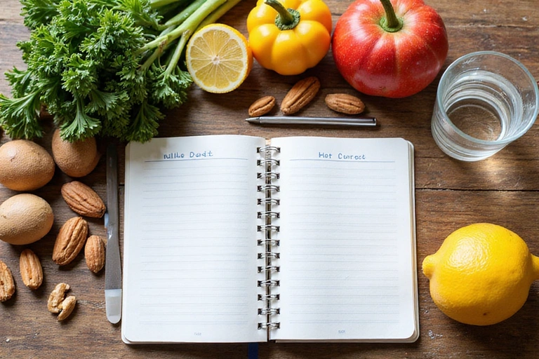 Zdjęcie przedstawiające zdrową żywność na stole, z notesem i długopisem, symbolizujące planowanie diety.