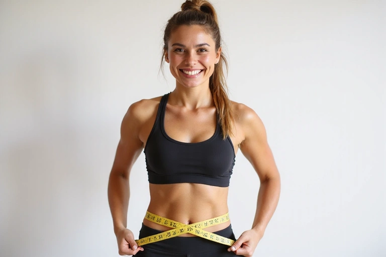 Szczęśliwa kobieta mierząca obwód w talii, symbolizująca sukces w odchudzaniu